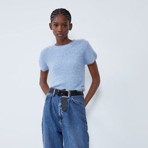 NWT Zara womens baby blue faux fur top